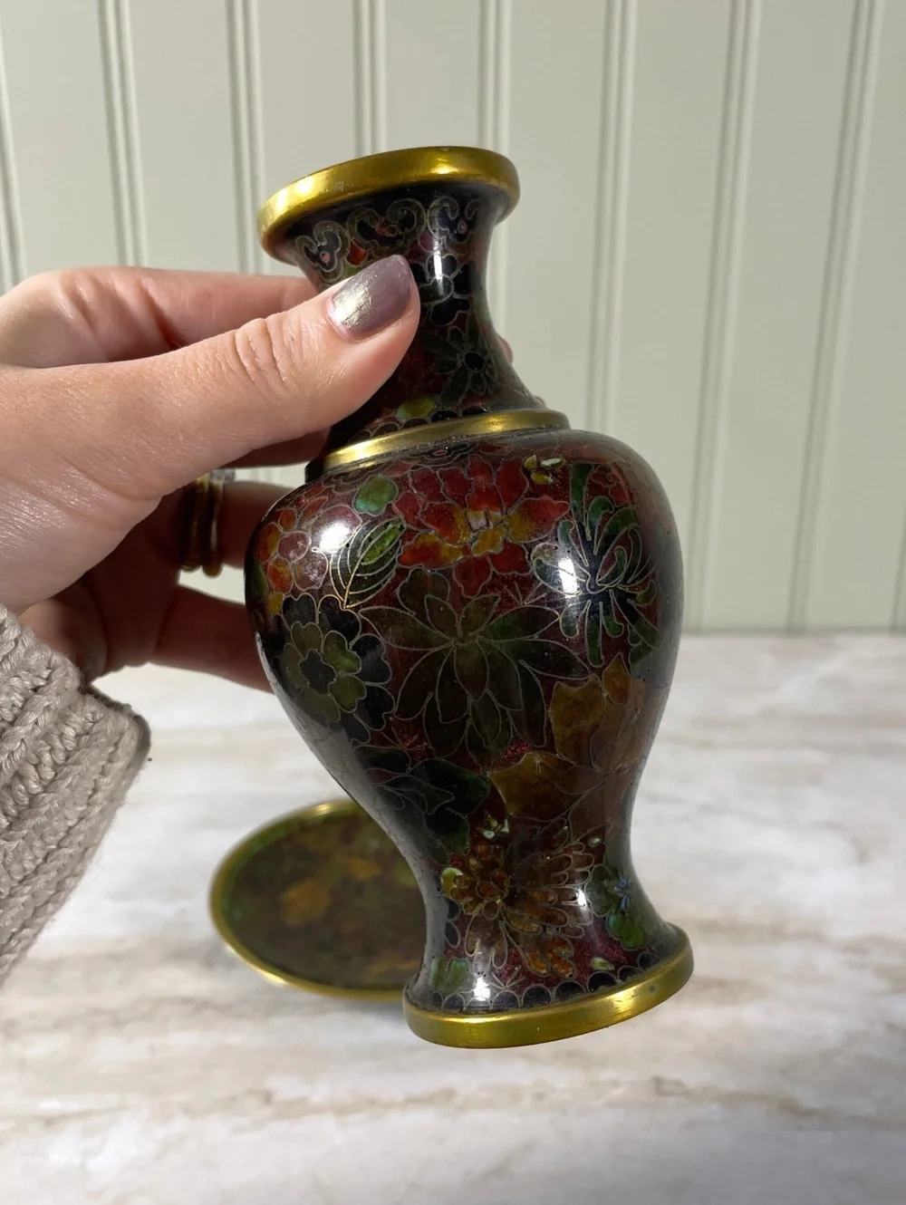 Vintage Floral Cloisonne Vase with Matching Dish
